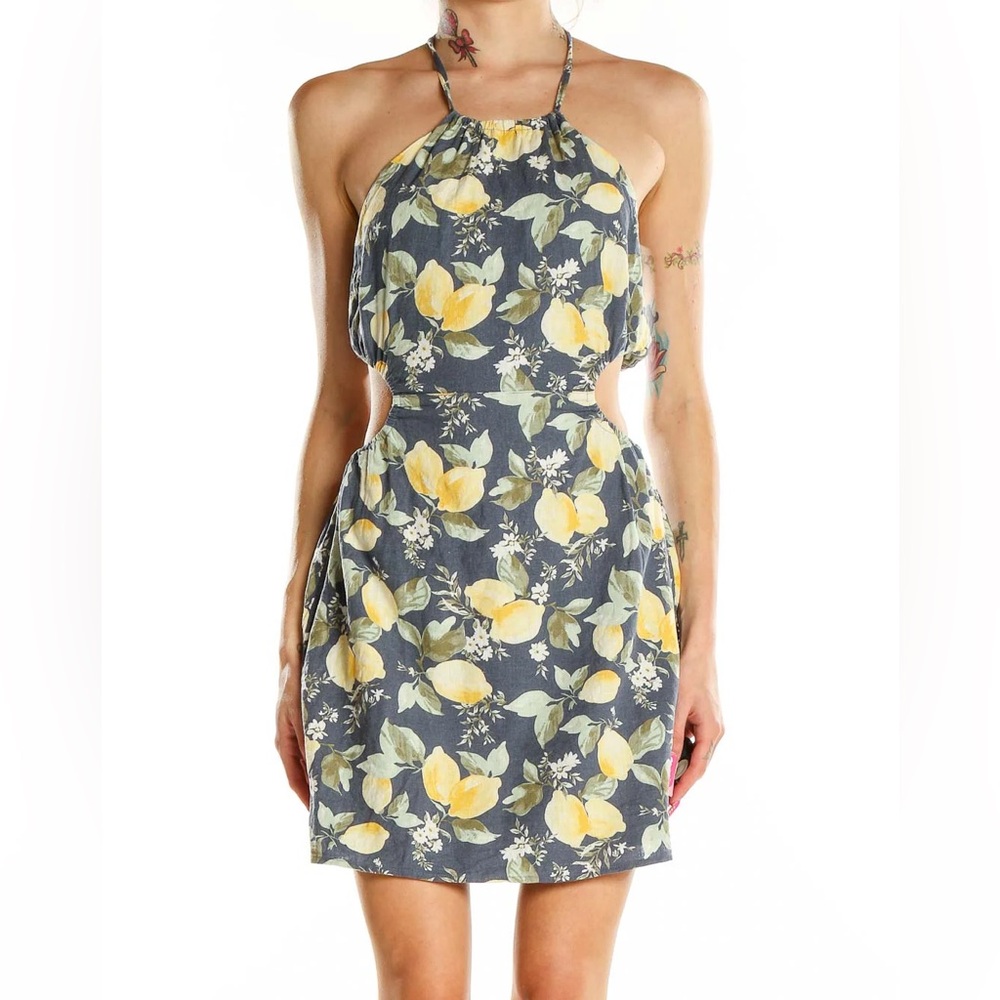 Abercrombie Linen Blend Cut out Halter Mini Dress with Lemon Print